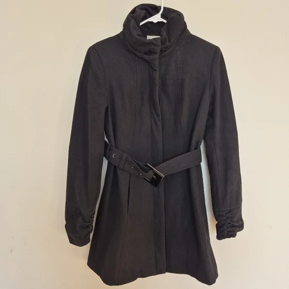 Ricki’s Women's Black Belted Funnel-Neck Wool Blend Coat Size Small - Picture 2 of 8